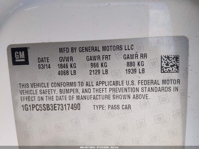 1G1PC5SB3E7317490 Chevrolet Cruze 1lt Auto