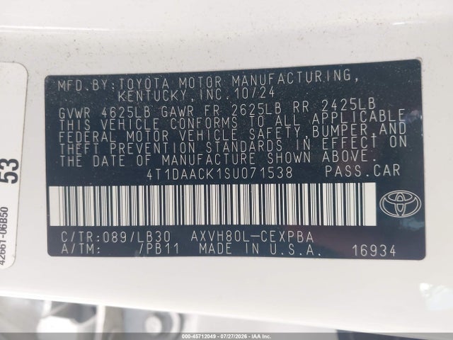 Auction sale of the 2025 Toyota Camry Xse, vin: 4T1DAACK1SU071538, lot number: 45712049