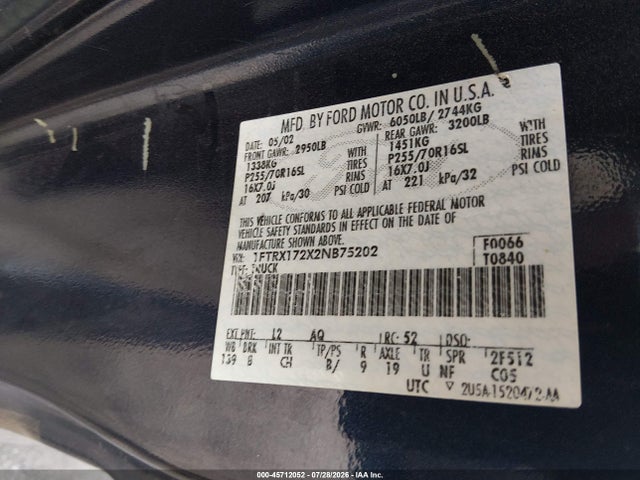 Продаж на аукціоні авто 2002 Ford F-150 Xl/xlt, vin: 1FTRX172X2NB75202, номер лоту: 45712052