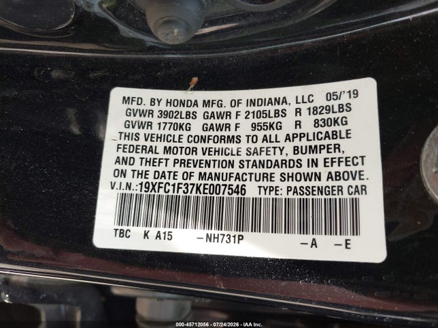 Aukcja sprzedaży 2019 Honda Civic Ex, vin: 19XFC1F37KE007546, numer aukcji: 45712056