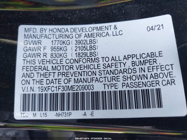 Honda CIVIC EX 2021 19XFC1F30ME209003 Image 9