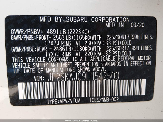 45712096 :رقم المزاد ، JF2SKAJC9LH542500 vin ، 2020 Subaru Forester Premium مزاد بيع