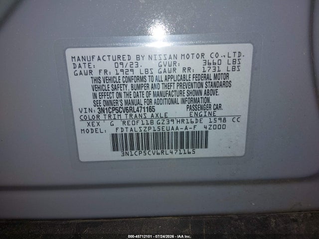 Продажа на аукционе авто 2024 Nissan Kicks Sv Xtronic Cvt, vin: 3N1CP5CV6RL471165, номер лота: 45712101