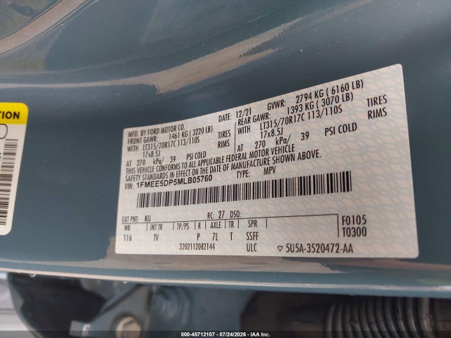 45712107 :رقم المزاد ، 1FMEE5DP5MLB05760 vin ، 2021 Ford Bronco Wildtrak مزاد بيع