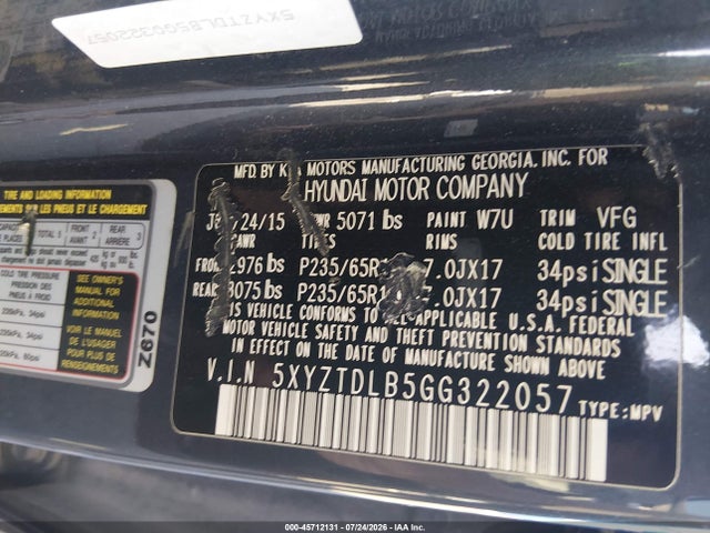 2016 Hyundai Santa Fe Sport 2.4l მანქანა იყიდება აუქციონზე, vin: 5XYZTDLB5GG322057, აუქციონის ნომერი: 45712131