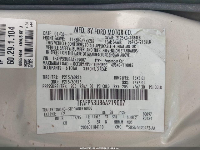 45712136 :رقم المزاد ، 1FAFP53U86A219007 vin ، 2006 Ford Taurus Se مزاد بيع