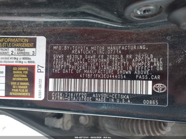 45712141 :رقم المزاد ، 4T1BF1FK3EU444054 vin ، 2014 Toyota Camry Se مزاد بيع