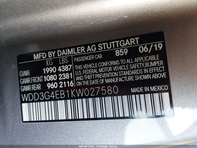 Aukcja sprzedaży 2019 Mercedes-benz A 220, vin: WDD3G4EB1KW027580, numer aukcji: 45712149