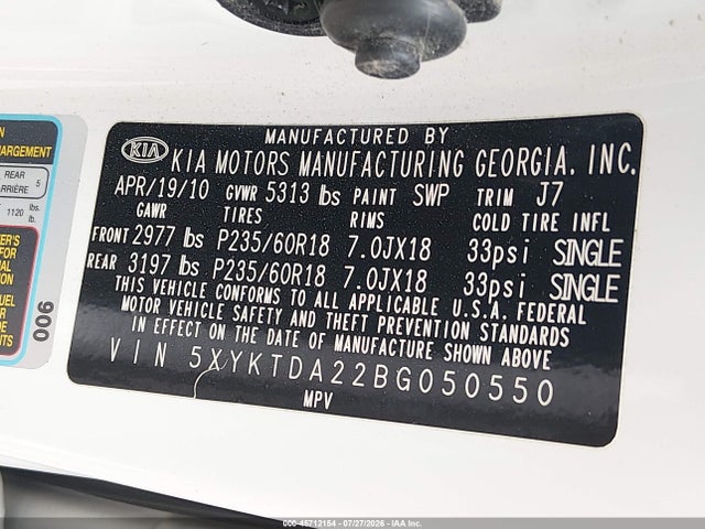 Продажа на аукционе авто 2011 Kia Sorento Lx V6, vin: 5XYKTDA22BG050550, номер лота: 45712154