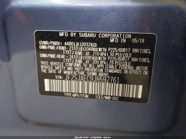 45712157 :رقم المزاد ، JF2SJAEC9JH592761 vin ، 2018 Subaru Forester 2.5i Premium مزاد بيع