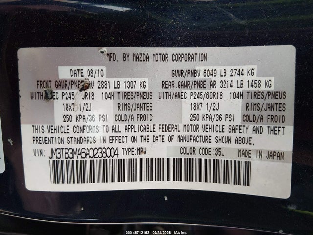 Продажа на аукционе авто 2010 Mazda Cx-9 Touring, vin: JM3TB3MA6A0238004, номер лота: 45712162