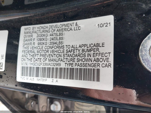 Продаж на аукціоні авто 2021 Honda Accord Sport 2.0t, vin: 1HGCV2F33MA032969, номер лоту: 45712183