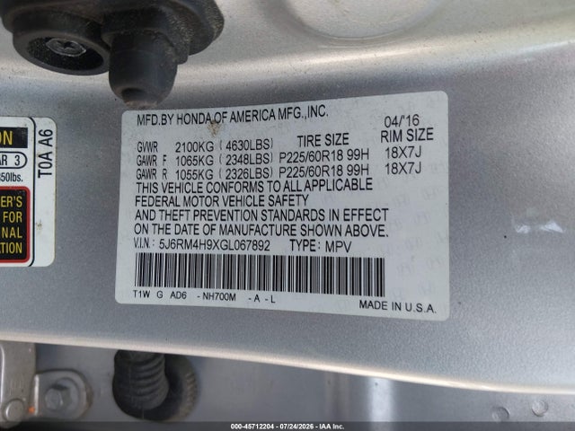 Aukcja sprzedaży 2016 Honda Cr-v Touring, vin: 5J6RM4H9XGL067892, numer aukcji: 45712204