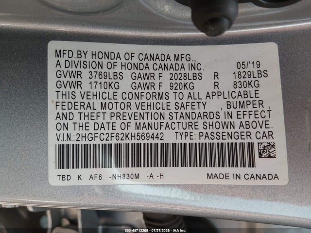 2019 Honda Civic Lx მანქანა იყიდება აუქციონზე, vin: 2HGFC2F62KH569442, აუქციონის ნომერი: 45712208