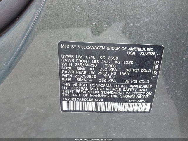 Продаж на аукціоні авто 2025 Volkswagen Atlas 2.0t Se W/technology, vin: 1V2JR2CA6SC550474, номер лоту: 45712213