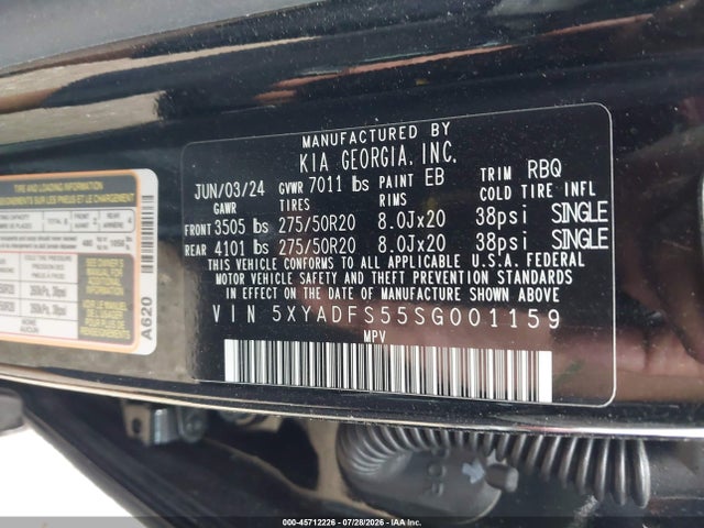 Aukcja sprzedaży 2025 Kia Ev9 Land, vin: 5XYADFS55SG001159, numer aukcji: 45712226