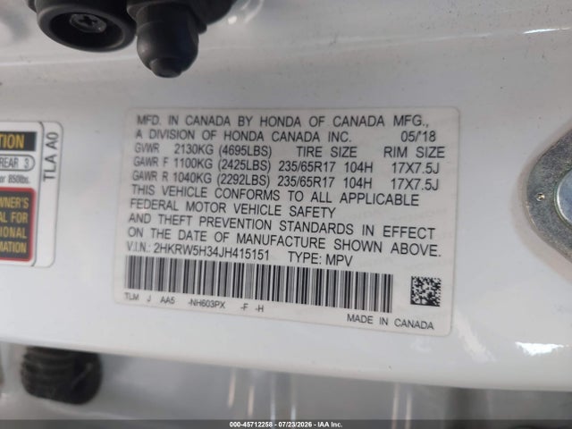 45712258 :رقم المزاد ، 2HKRW5H34JH415151 vin ، 2018 Honda Cr-v Lx مزاد بيع