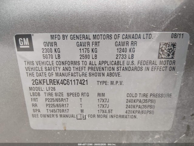 Aukcja sprzedaży 2012 Gmc Terrain Sle-1, vin: 2GKFLREK4C6117421, numer aukcji: 45712260