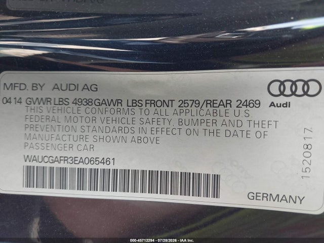 2014 Audi S5 3.0t Premium Plus მანქანა იყიდება აუქციონზე, vin: WAUCGAFR3EA065461, აუქციონის ნომერი: 45712294