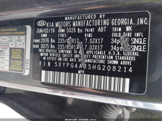 Продажа на аукционе авто 2017 Kia Sorento 2.4l Lx, vin: 5XYPG4A35HG208214, номер лота: 45712295