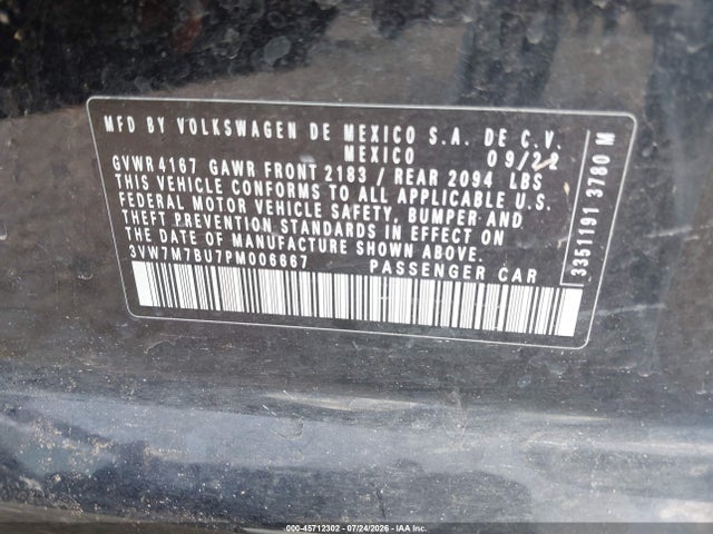 45712302 :رقم المزاد ، 3VW7M7BU7PM006667 vin ، 2023 Volkswagen Jetta 1.5t Se مزاد بيع