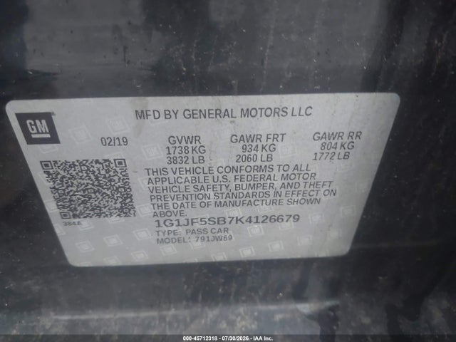 Aukcja sprzedaży 2019 Chevrolet Sonic Premier Auto, vin: 1G1JF5SB7K4126679, numer aukcji: 45712318