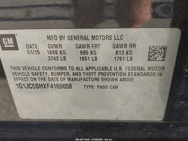 1G1JC5SHXF4169058 Chevrolet Sonic Lt Auto