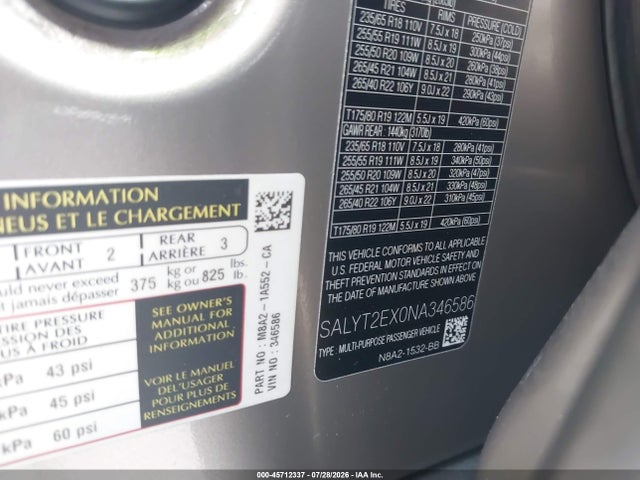 2022 Land Rover Range Rover Velar P250 R-dynamic S მანქანა იყიდება აუქციონზე, vin: SALYT2EX0NA346586, აუქციონის ნომერი: 45712337