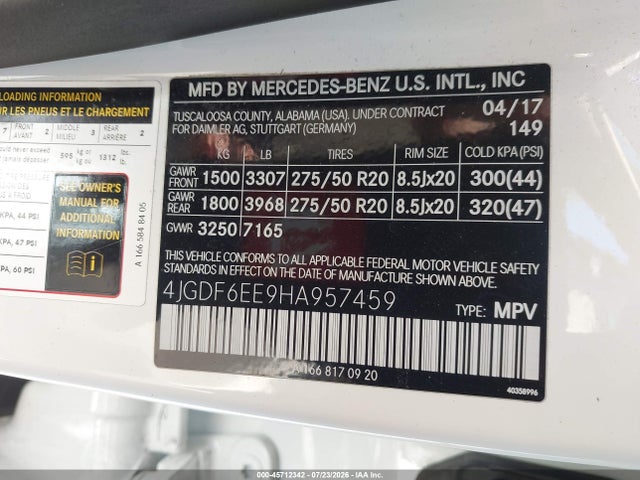 4JGDF6EE9HA957459 Mercedes-Benz Gls 450 4matic