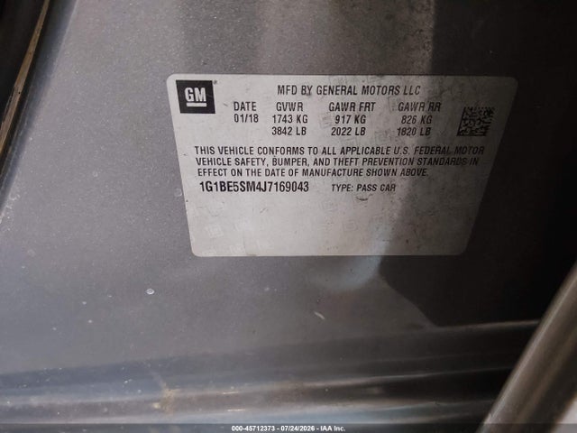 2018 Chevrolet Cruze Lt Auto მანქანა იყიდება აუქციონზე, vin: 1G1BE5SM4J7169043, აუქციონის ნომერი: 45712373
