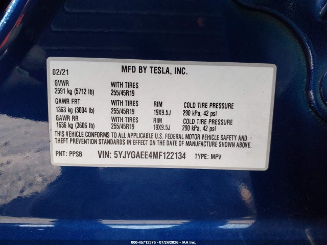 Aukcja sprzedaży 2021 Tesla Model Y Long Range Dual Motor All-wheel Drive, vin: 5YJYGAEE4MF122134, numer aukcji: 45712375