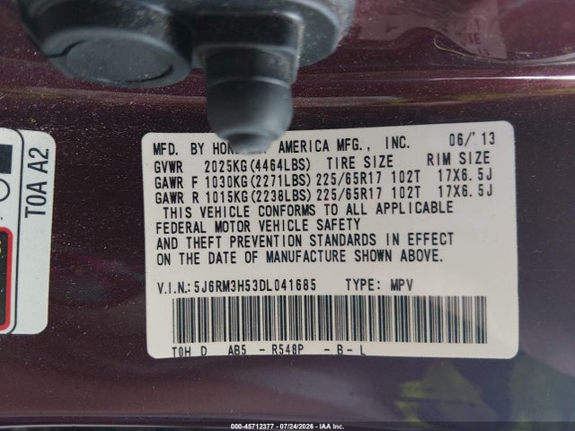 Продаж на аукціоні авто 2013 Honda Cr-v Ex, vin: 5J6RM3H53DL041685, номер лоту: 45712377