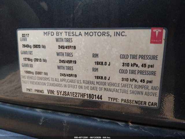 Aukcja sprzedaży 2017 Tesla Model S 100d/60d/75d/90d/p100d, vin: 5YJSA1E27HF180144, numer aukcji: 45712391