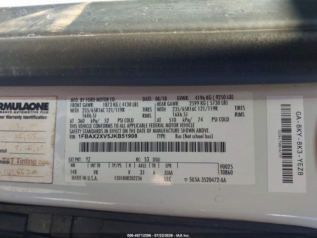 1FBAX2XV5JKB51908 Ford Transit-350 Xl