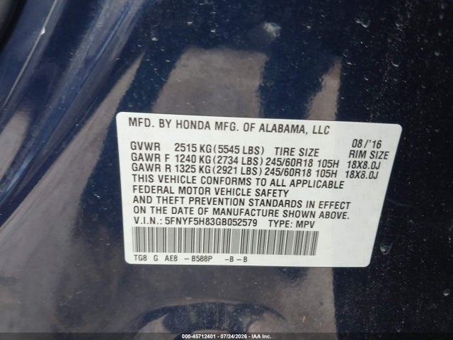 45712401 :رقم المزاد ، 5FNYF5H83GB052579 vin ، 2016 Honda Pilot Ex-l مزاد بيع
