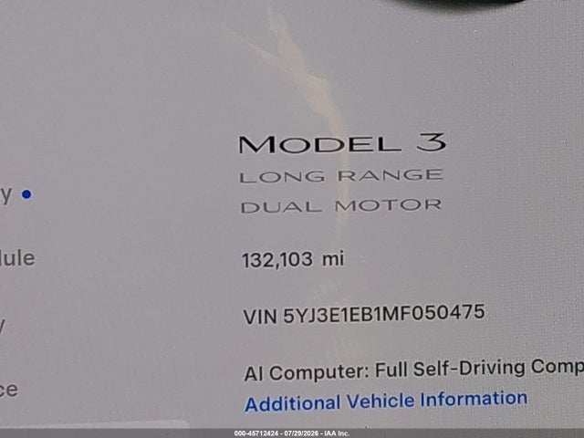 Продажа на аукционе авто 2021 Tesla Model 3 Long Range Dual Motor All-wheel Drive, vin: 5YJ3E1EB1MF050475, номер лота: 45712424