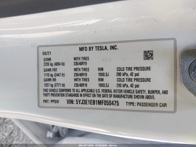 Продажа на аукционе авто 2021 Tesla Model 3 Long Range Dual Motor All-wheel Drive, vin: 5YJ3E1EB1MF050475, номер лота: 45712424