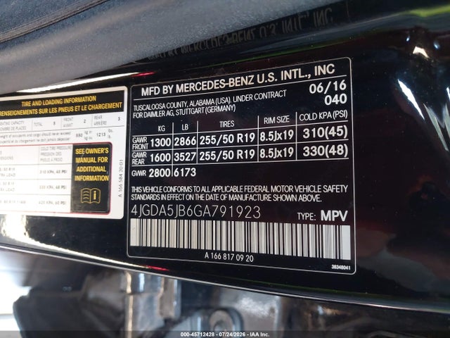 45712428 :رقم المزاد ، 4JGDA5JB6GA791923 vin ، 2016 Mercedes-benz Gle 350 مزاد بيع