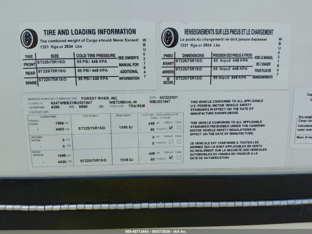 Продаж на аукціоні авто 2021 Forest River Wildwood 26bhhl, vin: 4X4TWBB21MU021647, номер лоту: 45712443