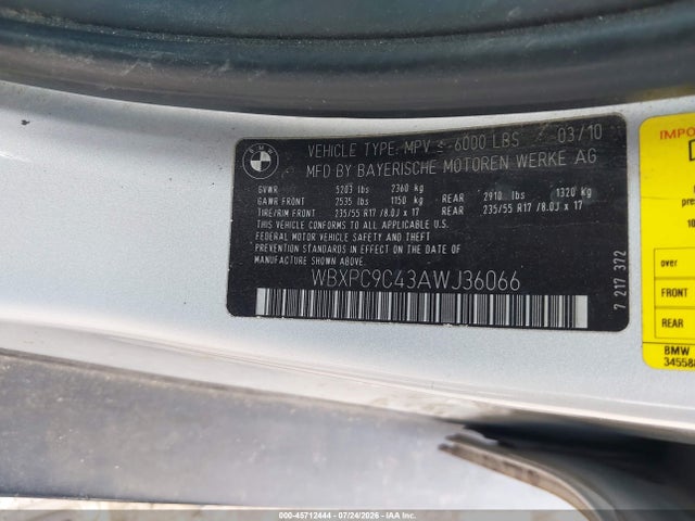 Aukcja sprzedaży 2010 Bmw X3 Xdrive30i, vin: WBXPC9C43AWJ36066, numer aukcji: 45712444
