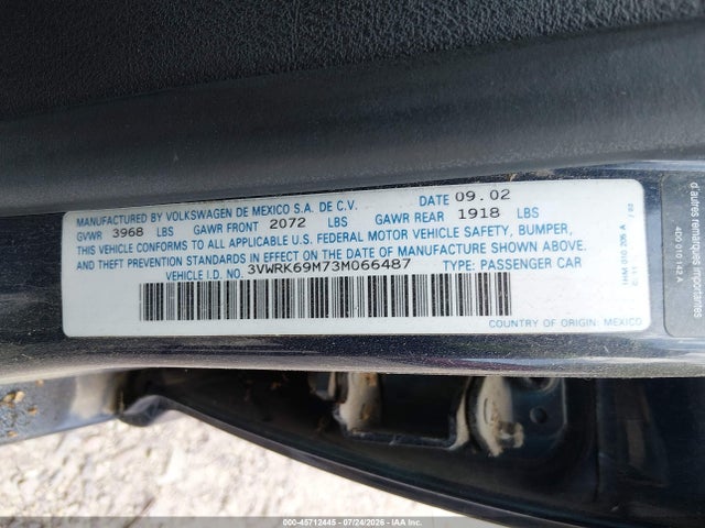 2003 Volkswagen Jetta Gl მანქანა იყიდება აუქციონზე, vin: 3VWRK69M73M066487, აუქციონის ნომერი: 45712445