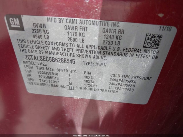 Aukcja sprzedaży 2011 Gmc Terrain Sle-2, vin: 2CTALSEC9B6288545, numer aukcji: 45712449
