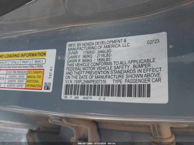 2023 Honda Civic Sport მანქანა იყიდება აუქციონზე, vin: 19XFL2H84PE007316, აუქციონის ნომერი: 45712464
