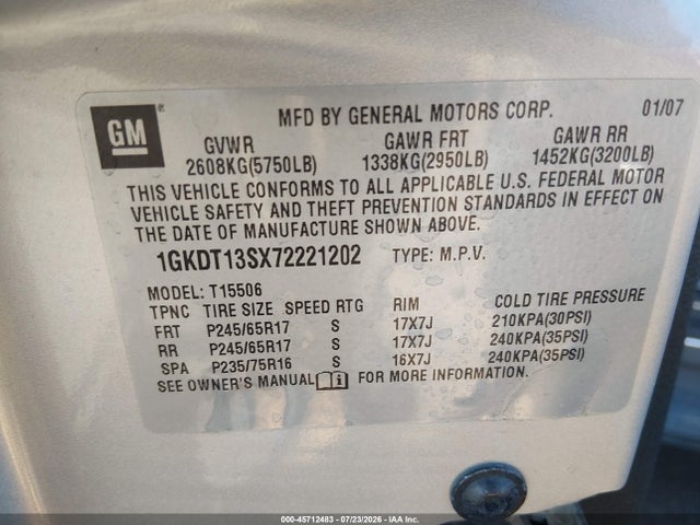 2007 Gmc Envoy Sle Commercial მანქანა იყიდება აუქციონზე, vin: 1GKDT13SX72221202, აუქციონის ნომერი: 45712483