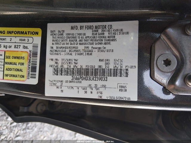 45712487 :رقم المزاد ، 3FA6P0HD3LR239033 vin ، 2020 Ford Fusion Se مزاد بيع