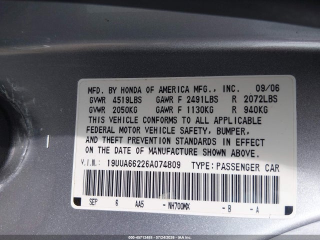 Продаж на аукціоні авто 2006 Acura Tl, vin: 19UUA66226A074809, номер лоту: 45712488