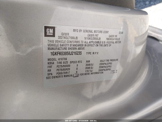 Aukcja sprzedaży 2008 Gmc Yukon Denali, vin: 1GKFK63858J216235, numer aukcji: 45712492