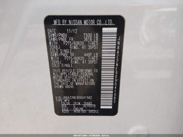 2013 Infiniti Qx56 მანქანა იყიდება აუქციონზე, vin: JN8AZ2NE9D9041582, აუქციონის ნომერი: 45712494