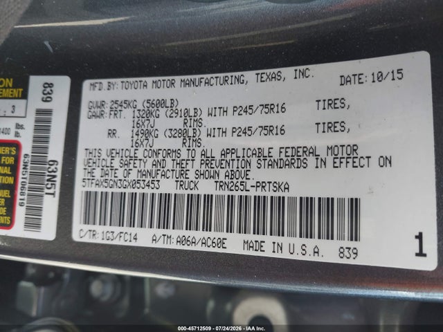 5TFAX5GN3GX053453 Toyota Tacoma Sr5