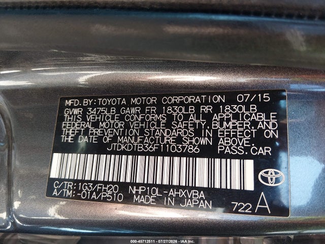 Toyota Prius C One 2015 JTDKDTB36F1103786 Image 9